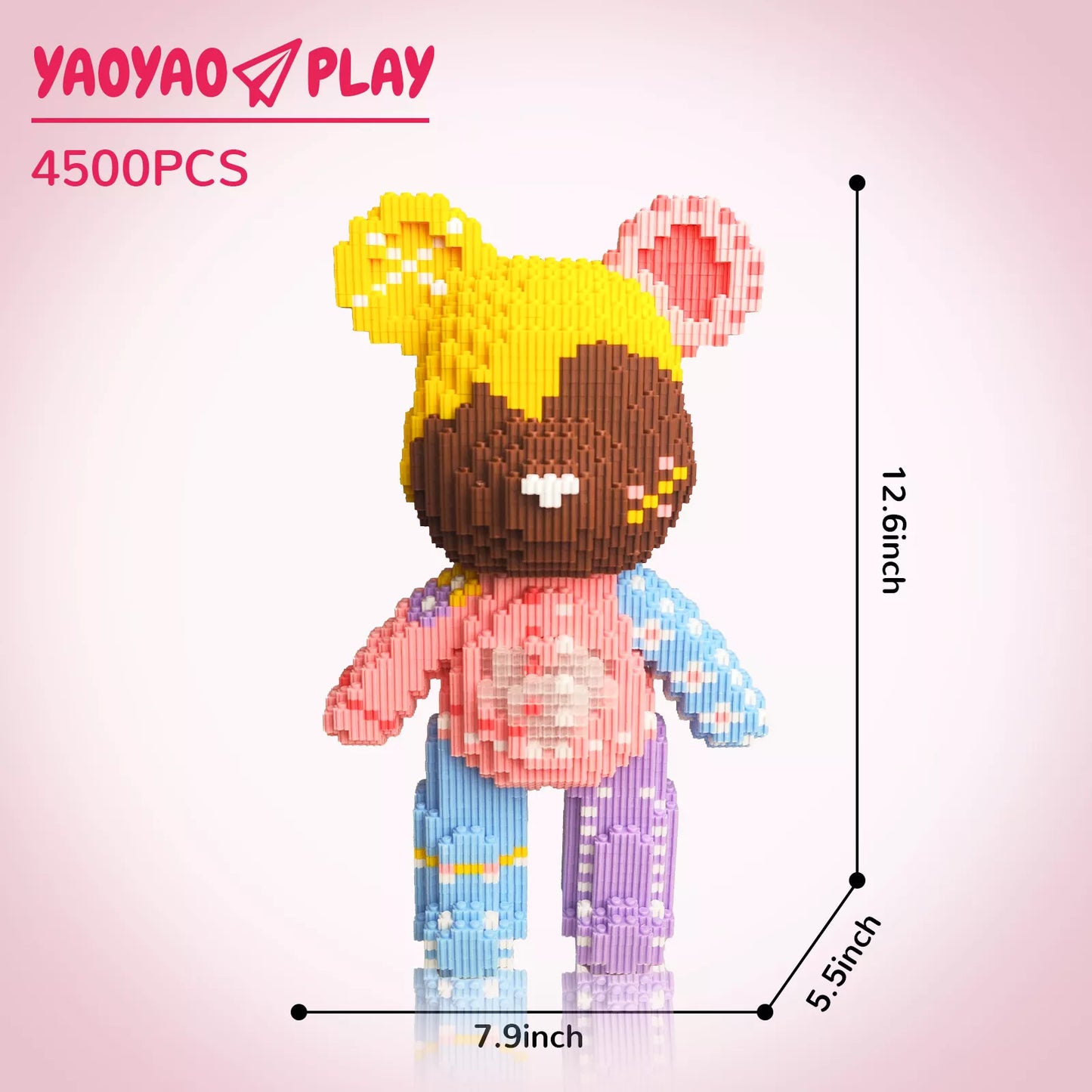 A stylized yellow Brick Bear toy with brown facial pixels, pink ear accents, and floral-patterned torso, labeled "4500PCS" and "12.6inch