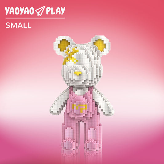 YaoYaoPlay White & Pink Suspender Bear Building Block Set