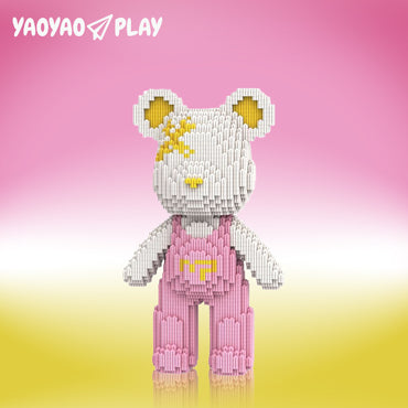YaoYaoPlay White & Pink Suspender Bear Building Block Set
