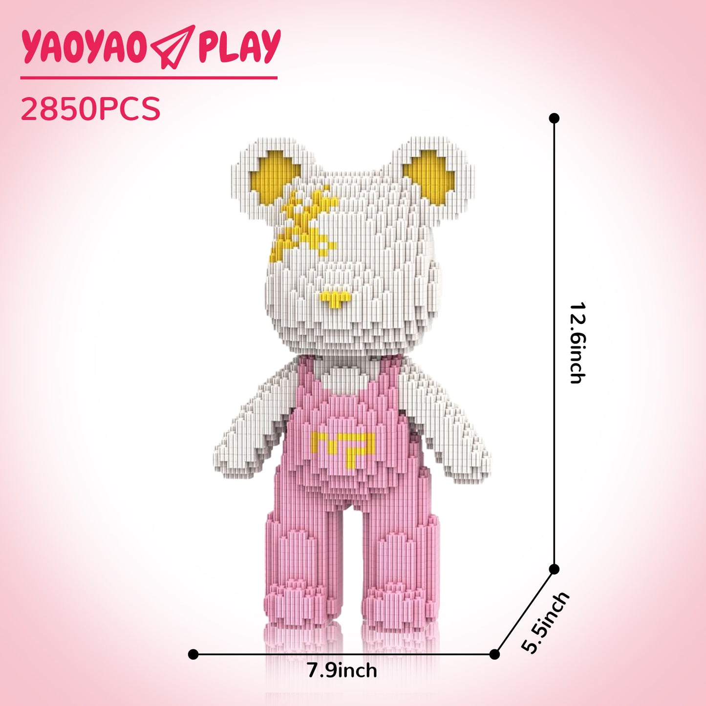 YaoYaoPlay White & Pink Suspender Bear Building Block Set