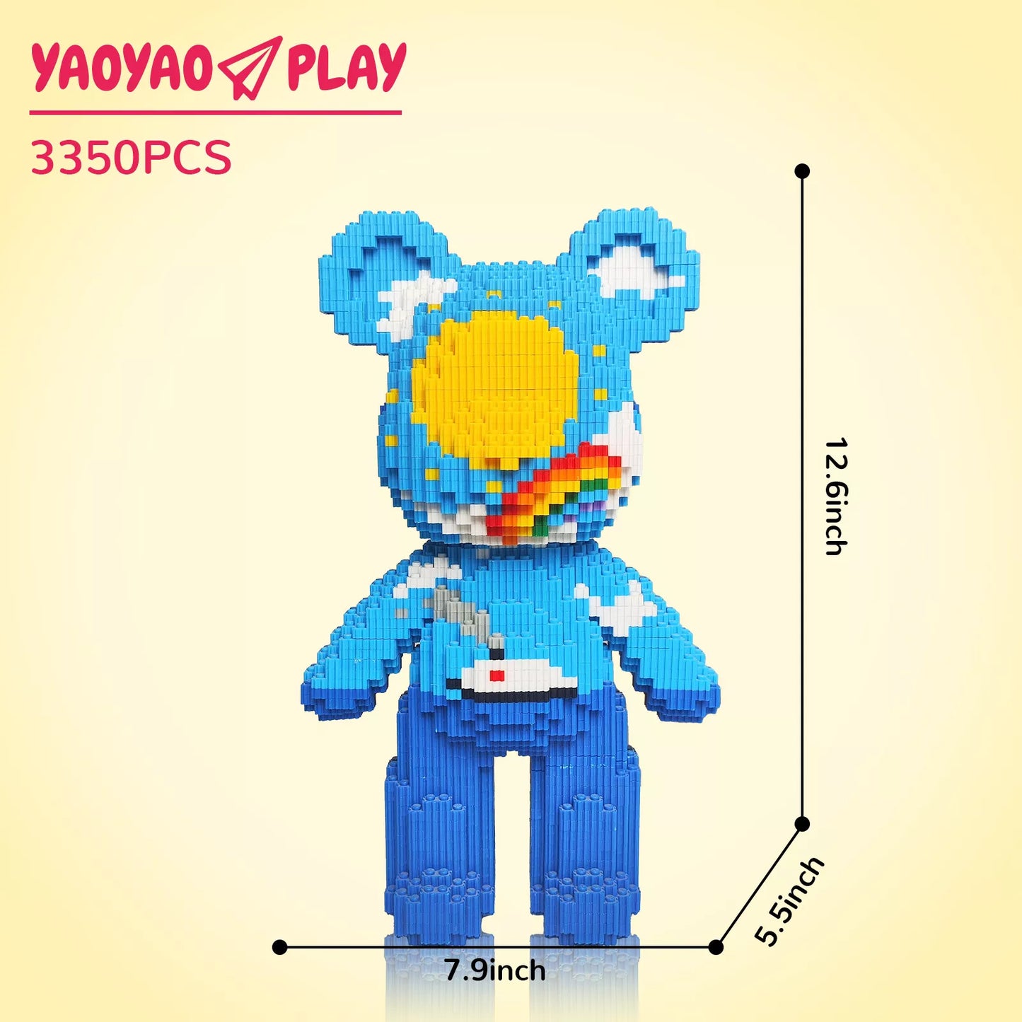 A blue Brick Bear toy with sun, rainbow, and cloud patterns, labeled "YAOYAO PLAY" and 3350 pieces.