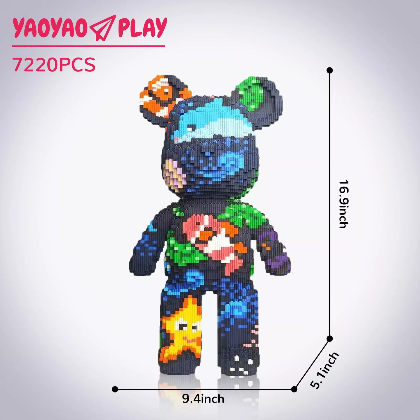 A 16.9-inch-tall Brick Bear toy with orange fish, blue clouds, and floral patterns, labeled "7220PCS" and branded "YAOYAO PLAY