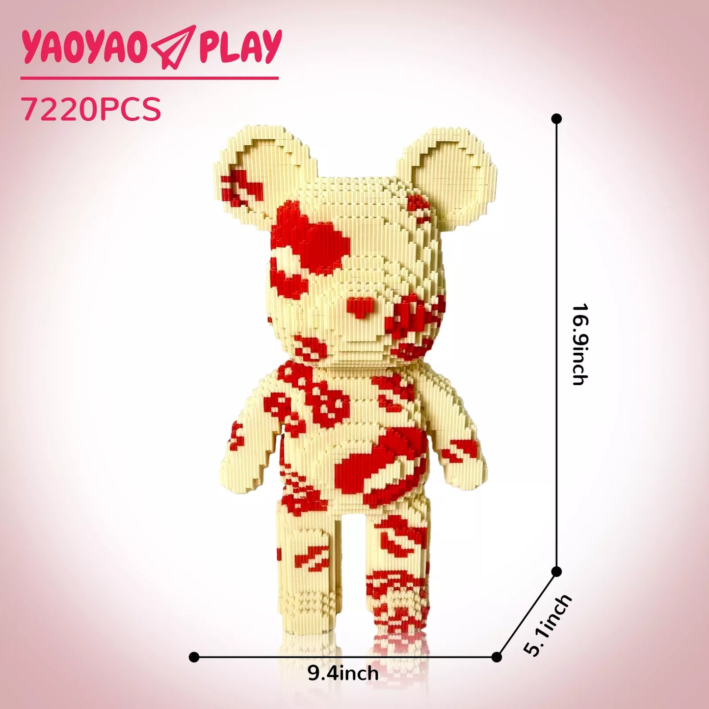 A 16.9-inch-tall Brick Bear toy assembled from 7220 interlocking blocks in beige and red, set against a gradient pink background