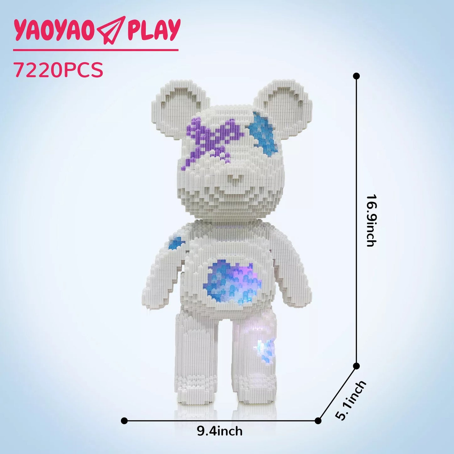 A 16.9-inch Brick Bear toy with glowing blue accents and "YAOYAO PLAY" branding.