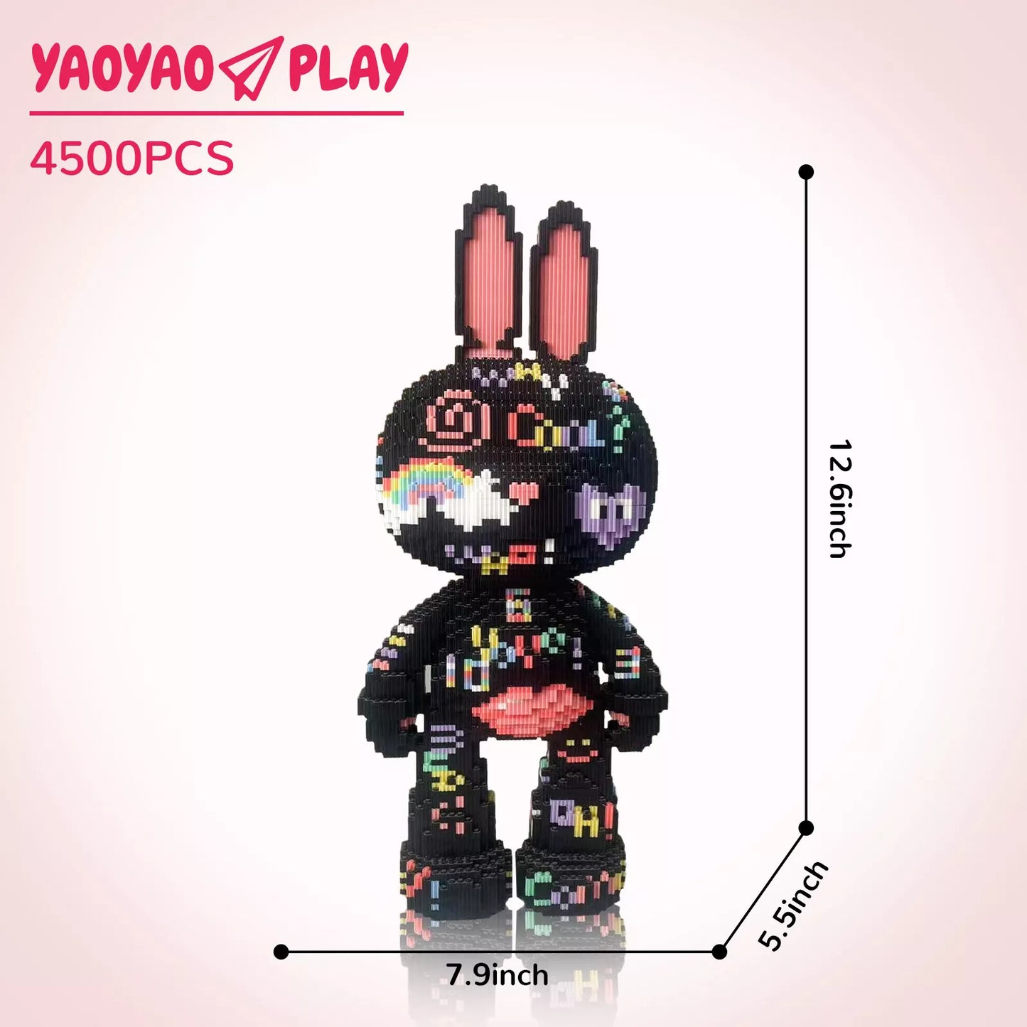 A 12.6-inch-tall black Brick Bear toy with rainbow accents, labeled "4500PCS" and branded "YAOYAO PLAY."