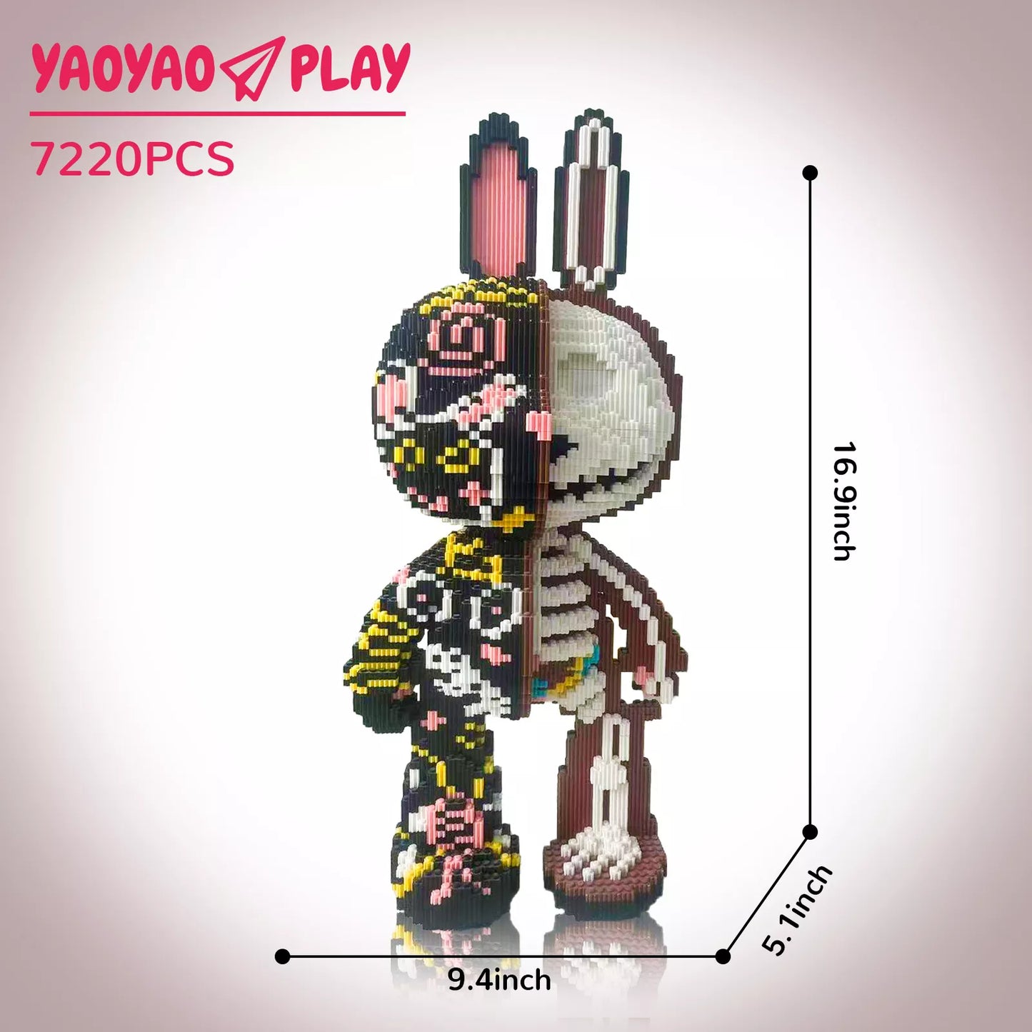 A 16.9-inch-tall Brick Bear toy bisected into floral/black and skeletal designs, labeled "7220PCS" on a gradient backdrop