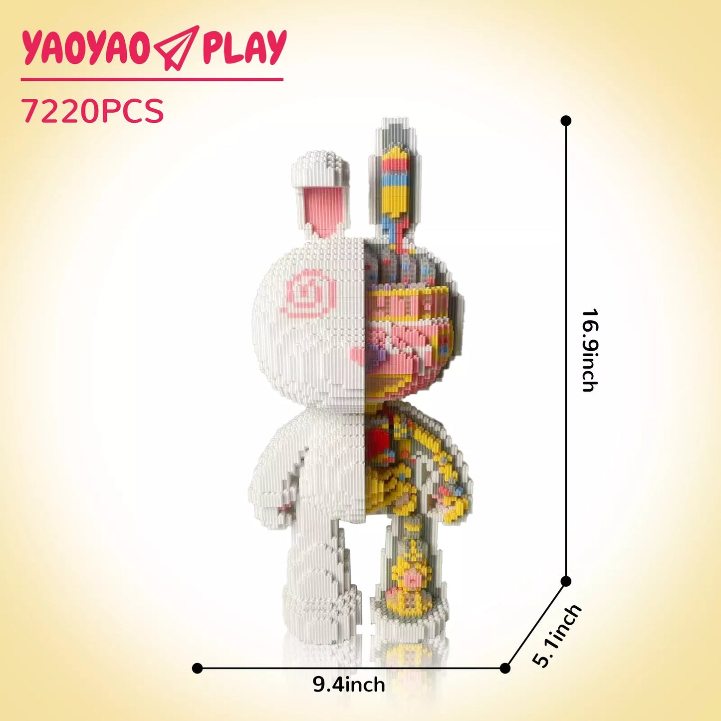 A 16.9-inch-tall Brick Bear toy split into minimalist white and multicolored halves, labeled "7220PCS."