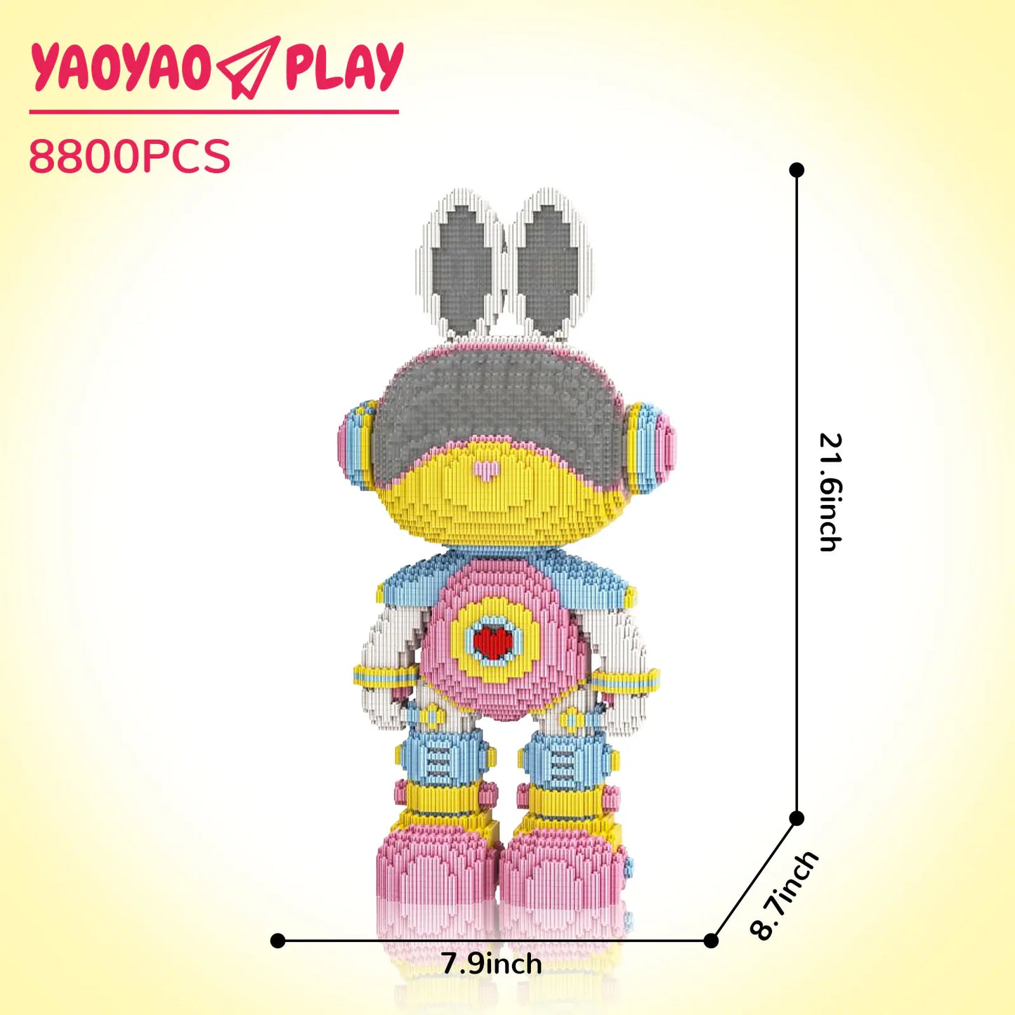 A 21.6-inch-tall Brick Bear toy with gray ears, yellow face, and multicolor torso, labeled "8800PCS" on a gradient backdrop.