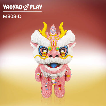 A pink Brick Bear toy with floral patterns, yellow horns, and blue tongue on a crimson-to-gold gradient.