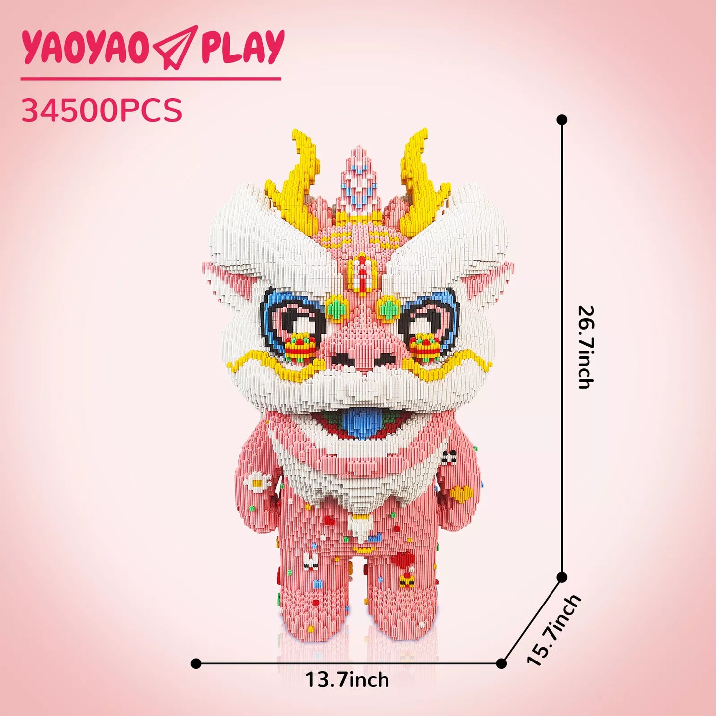 A 26.7-inch-tall pink Brick Bear toy with floral motifs, textured mane, and yellow horns labeled "34,500PCS."