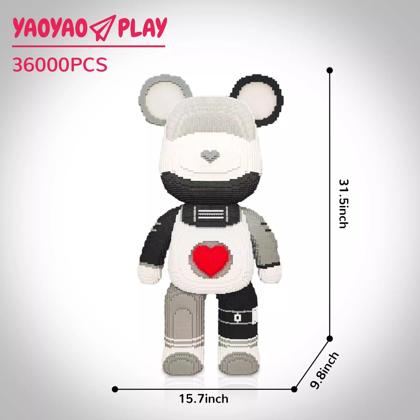 A 31.5-inch Brick Bear toy with red heart torso and segmented limbs, labeled "YAOYAO PLAY 36000PCS." Caption: Engineering meets artistry: Assemble a Brick Bear from 36,000 modular building blocks.