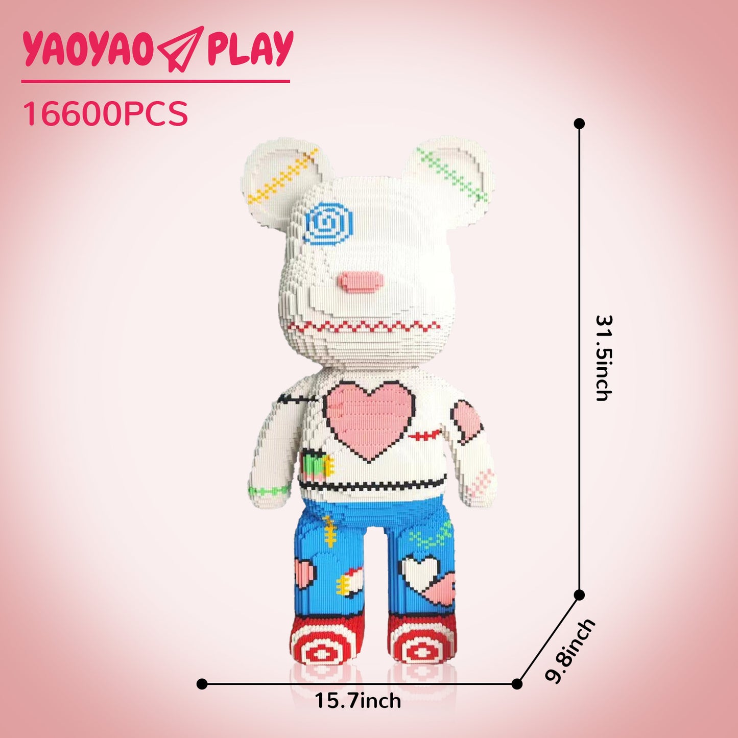 YaoYaoPlay Heart Patchwork Big Bear Plastic Building Blocks