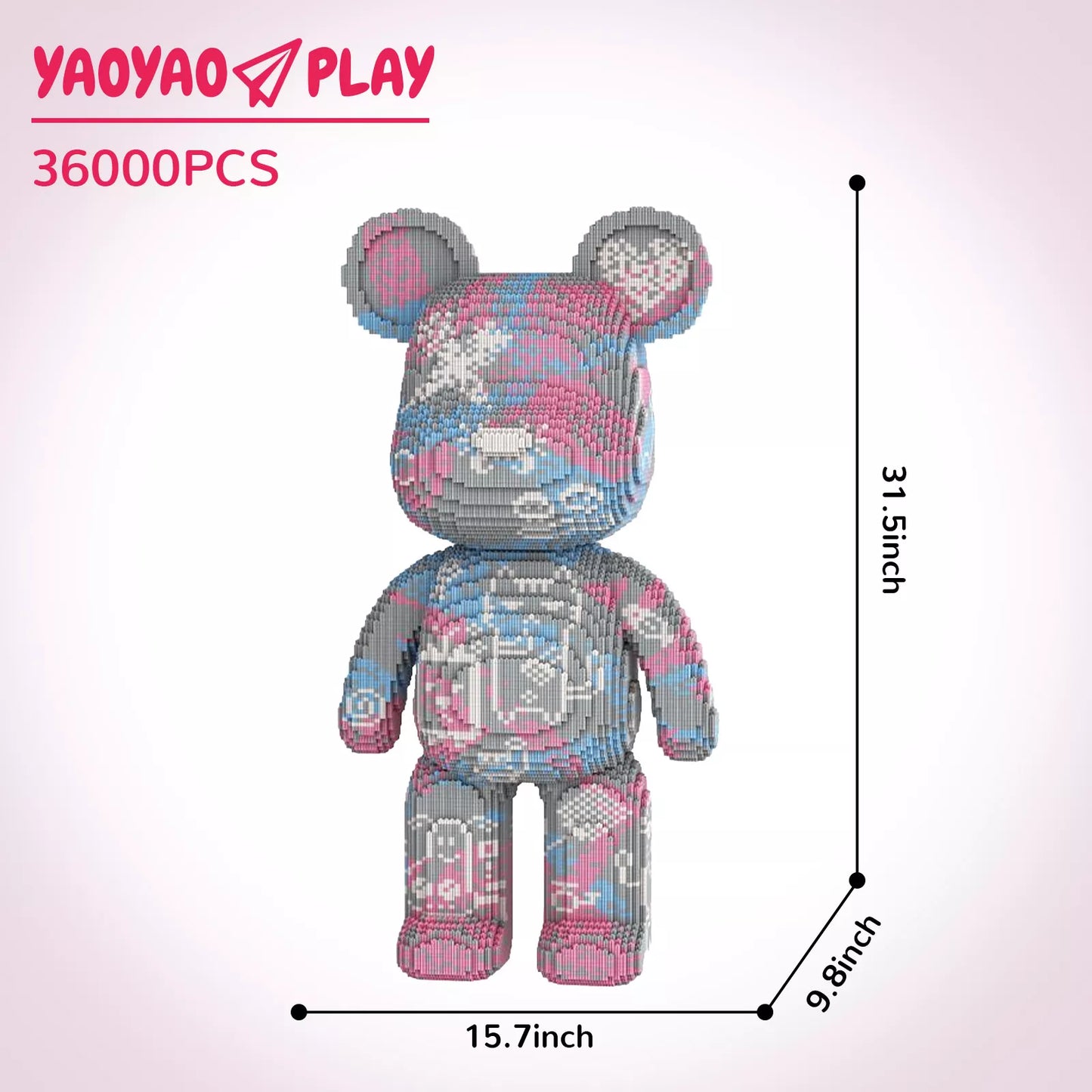 A 31.5-inch-tall Brick Bear toy with gray, pink, and blue mosaic patterns, labeled "36000PCS" on a gradient pink backdrop.