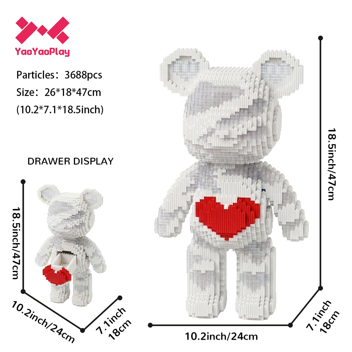 YaoYaoPlay Large Red Heart Bear Building Block Set