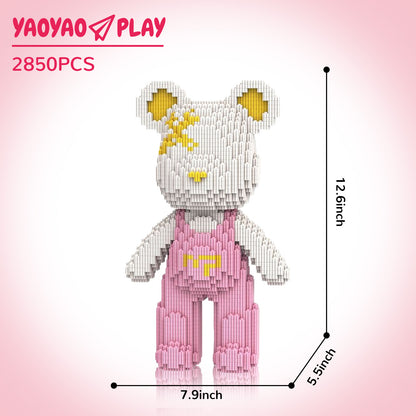 YaoYaoPlay White & Pink Suspender Bear Building Block Set