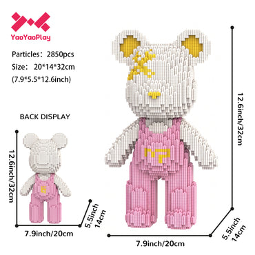 YaoYaoPlay White & Pink Suspender Bear Building Block Set