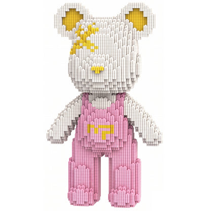 YaoYaoPlay White & Pink Suspender Bear Building Block Set