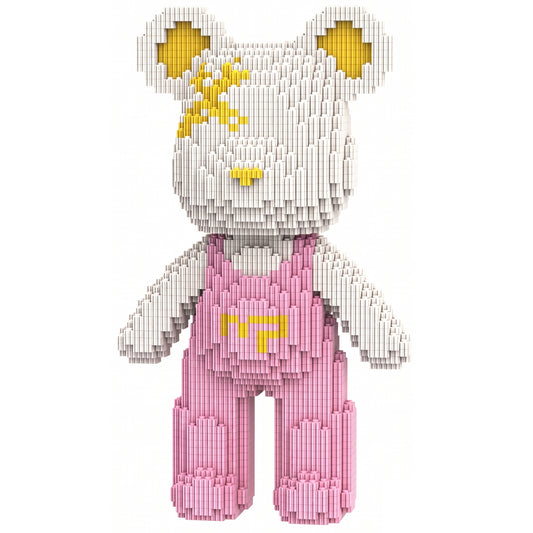 YaoYaoPlay White & Pink Suspender Bear Building Block Set