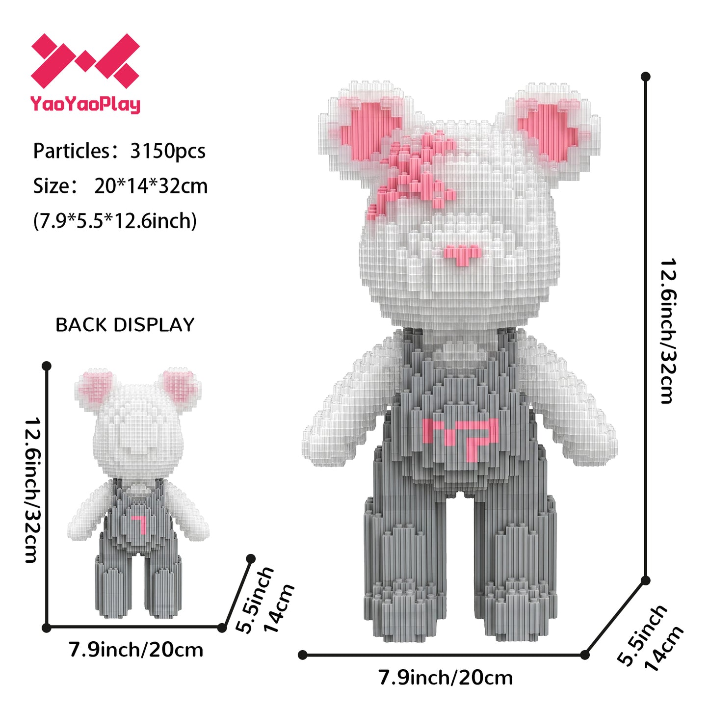 YaoYaoPlay Medium Light Gray Strap Bear Building Block Set