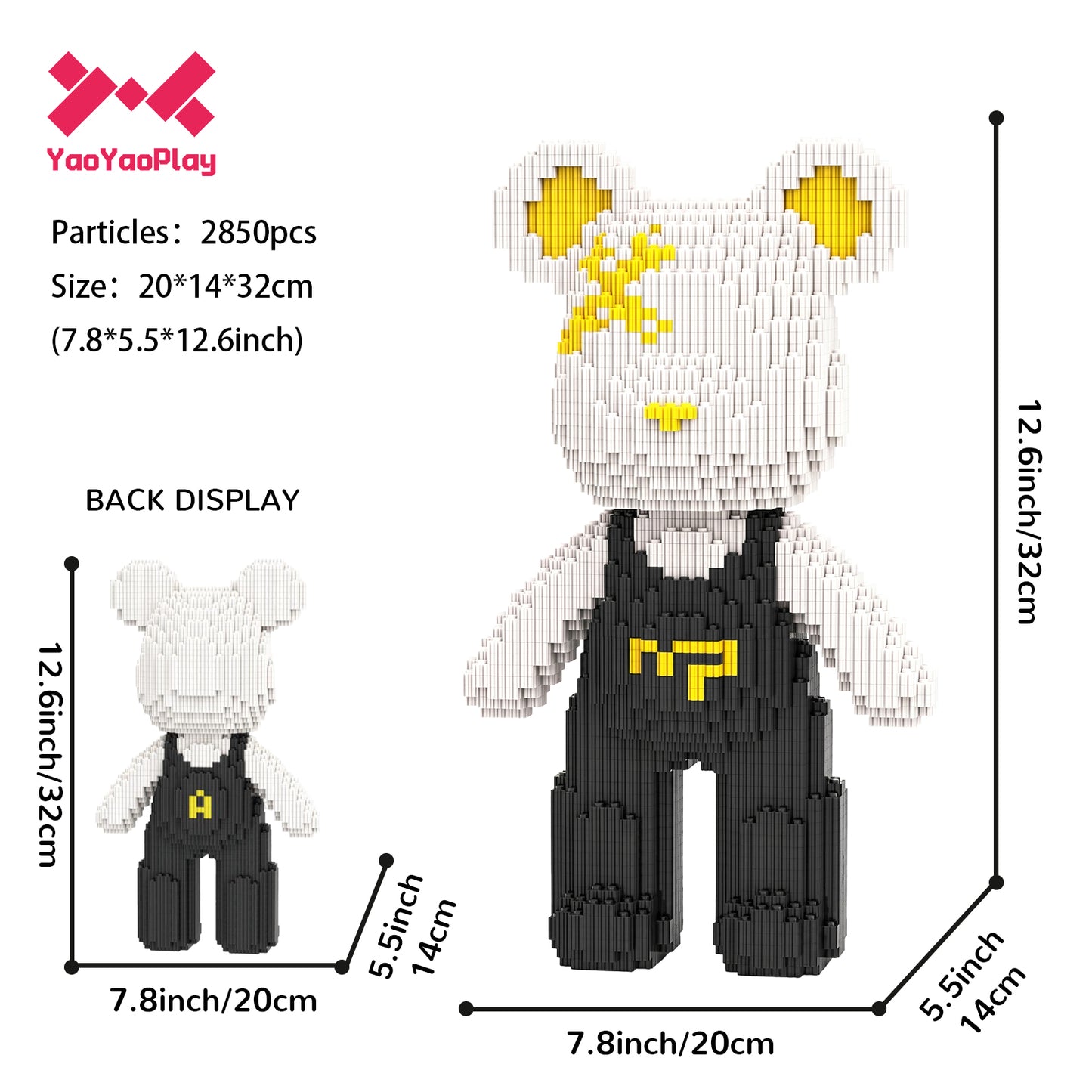 YaoYaoPlay Classic Black & White Suspender Bear Building Block Set