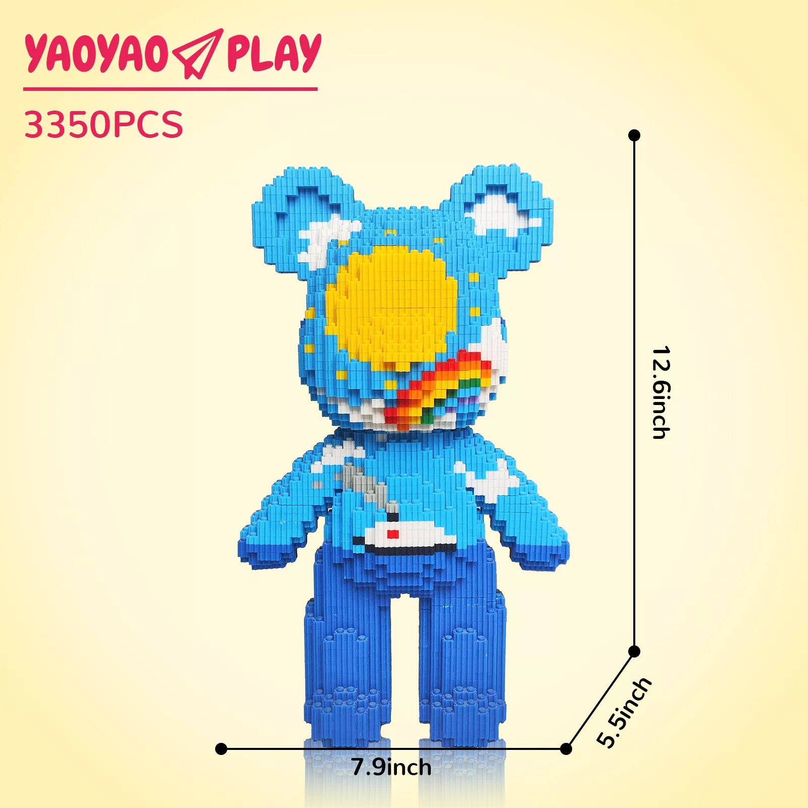 A blue ​​Brick Bear toy​​ with sun, rainbow, and cloud patterns, labeled "YAOYAO PLAY" and 3350 pieces.