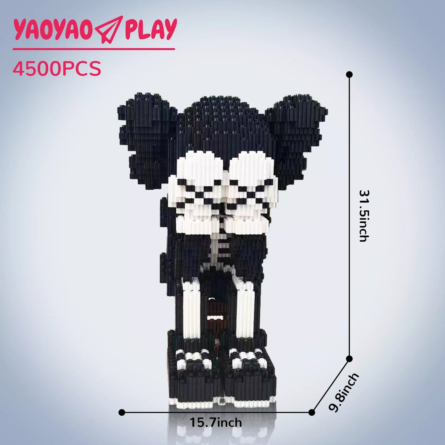 Monochrome ​​Brick Bear toy​​ (31.5-inch height) with skeletal torso and "YAOYAO PLAY 4500PCS" branding.