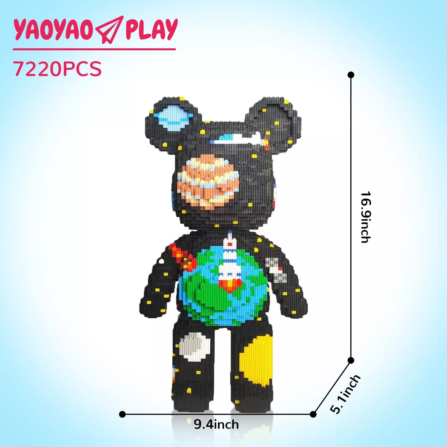 A 16.9-inch-tall space-themed Brick Bear toy with 7220 interlocking blocks, featuring planet Earth, rocket, and lunar motifs.
