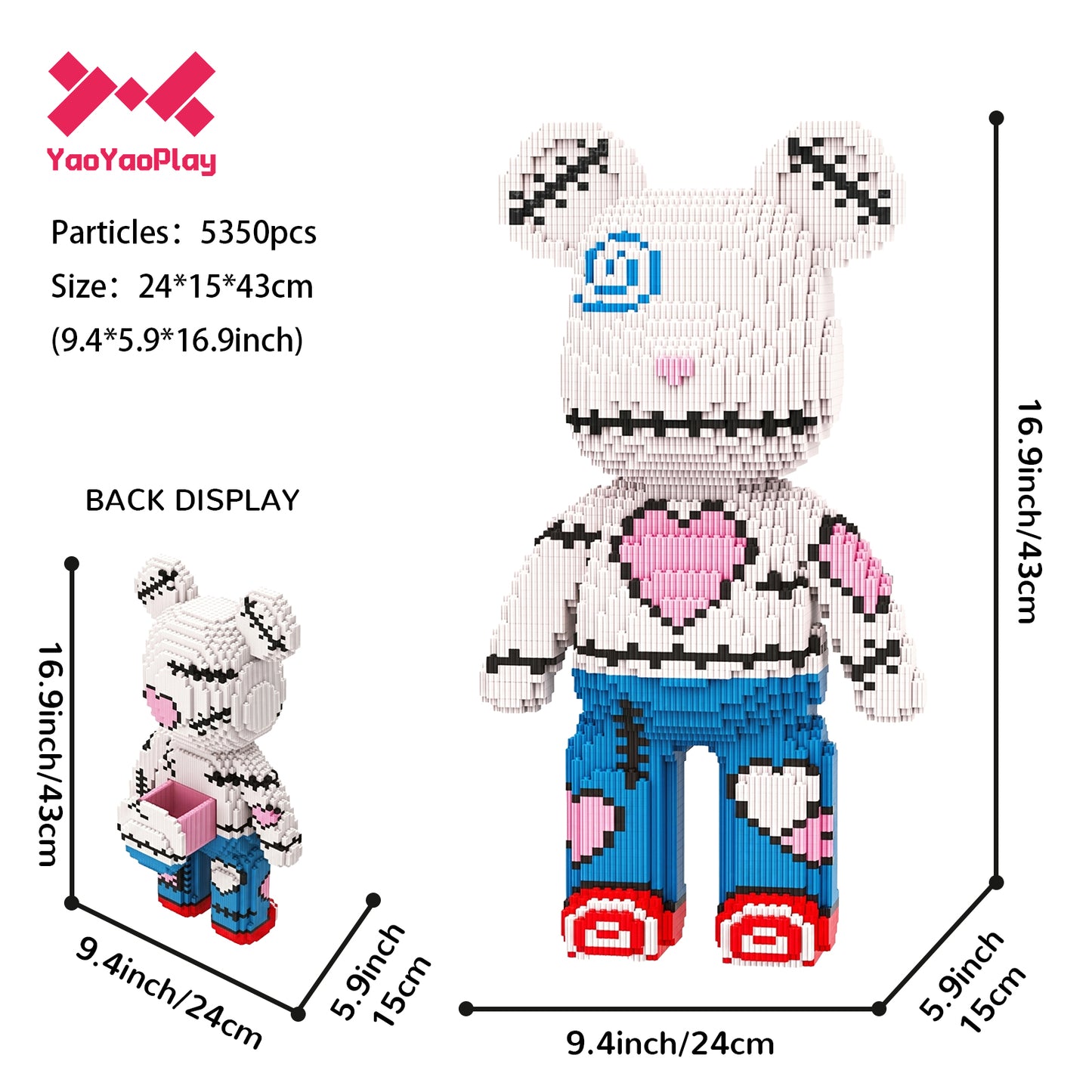 YaoYaoPlay Heart Patchwork Large Bear Building Blocks