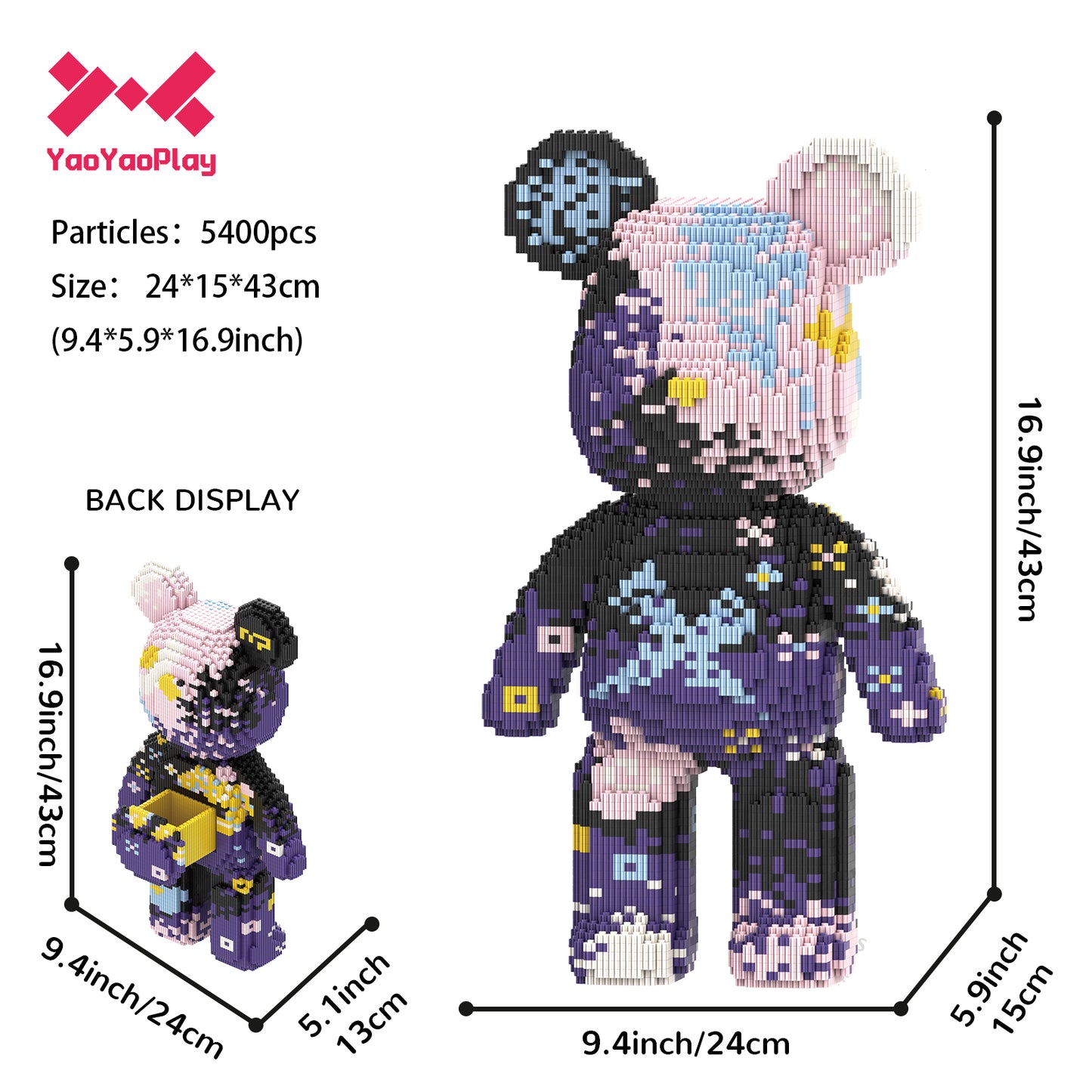 YaoYaoPlay Graffiti Purple Bear Medium Building Block Set