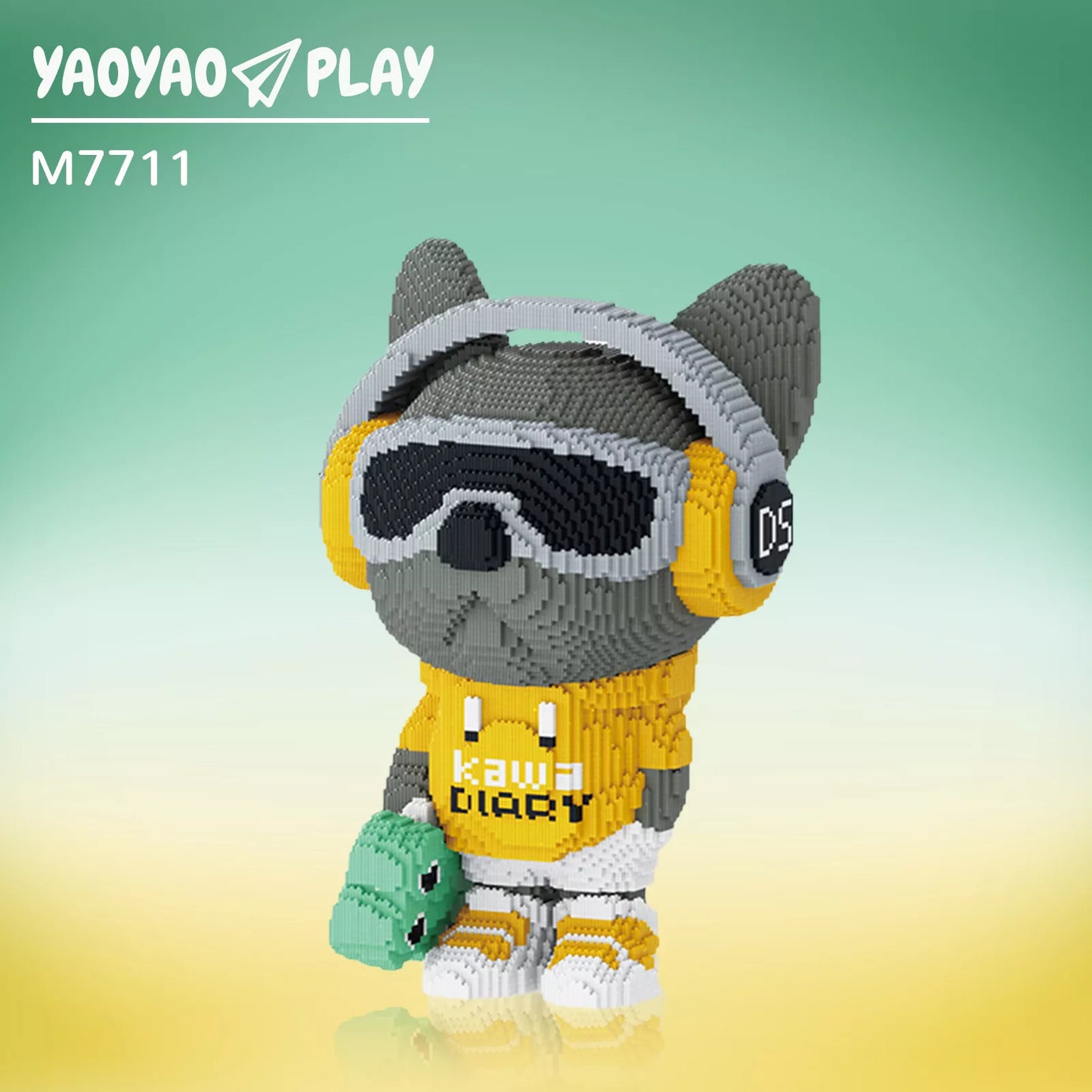 A stylized ​​Brick Bear toy​​ with gray headphones, black goggles, and a "kawa DIARY" T-shirt, set against a teal-to-yellow gradient
