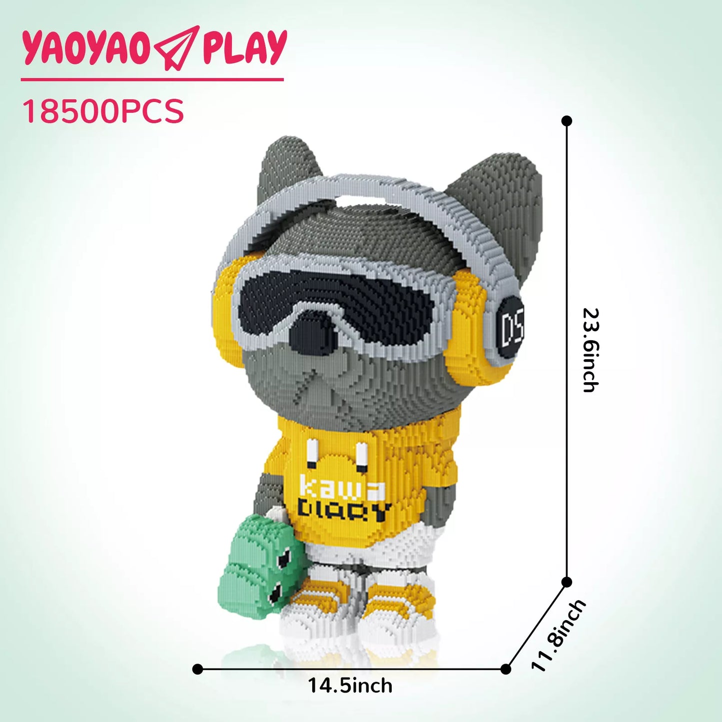 A modular ​​Brick Bear toy​​ wearing gray headphones, yellow goggles, and a "kawa DIARY" hoodie, assembled from interlocking building blocks.
