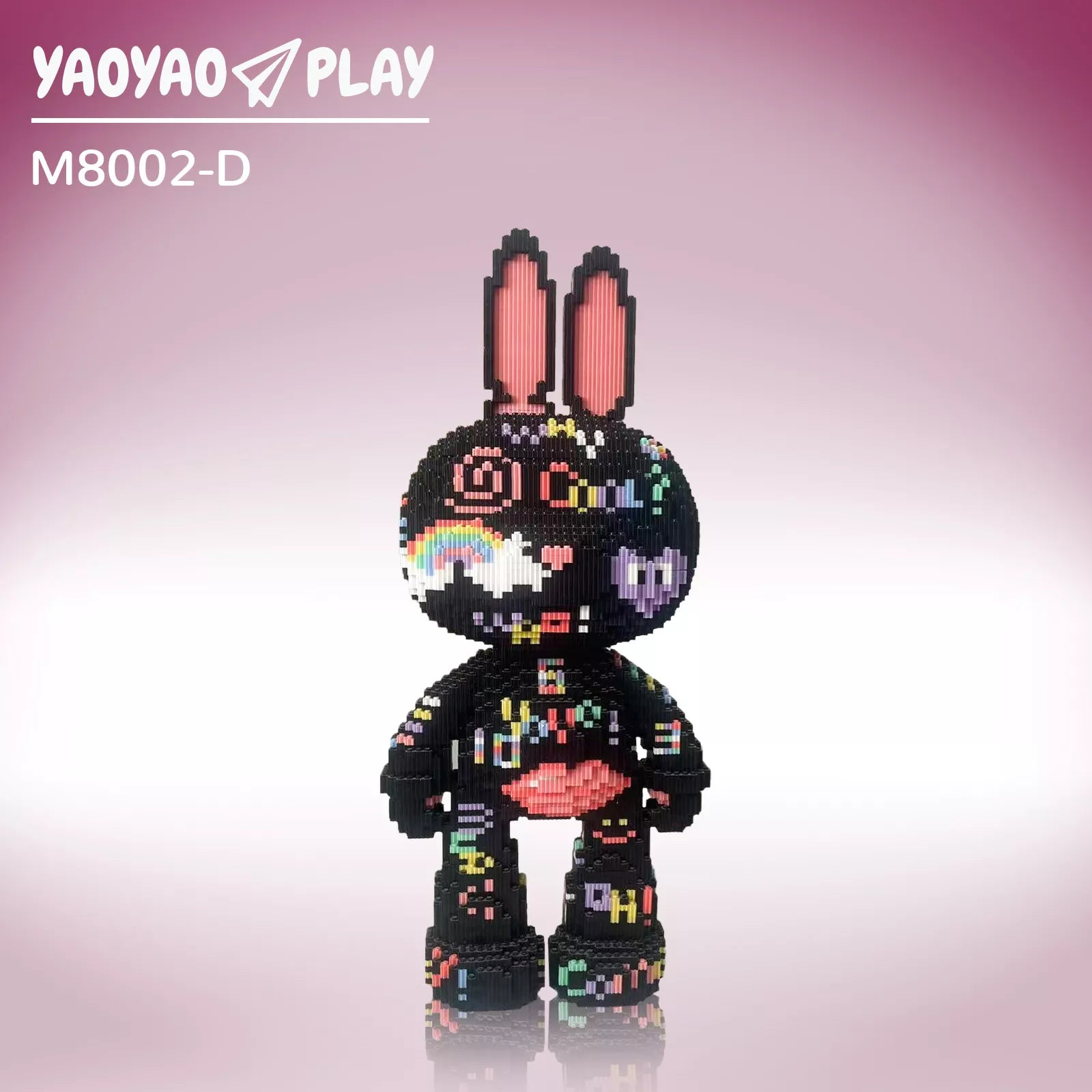 A black ​​Brick Bear toy​​ with neon heart, cloud, and text motifs on a lavender-to-pink gradient backdrop.
