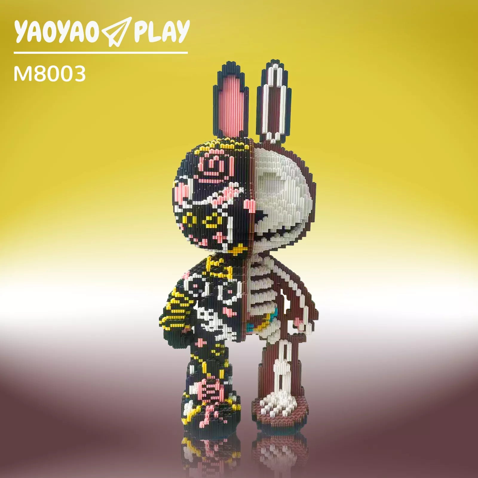 A ​​Brick Bear toy​​ (Model M8003) split into floral and skeletal halves, posed against a yellow-to-purple gradient.