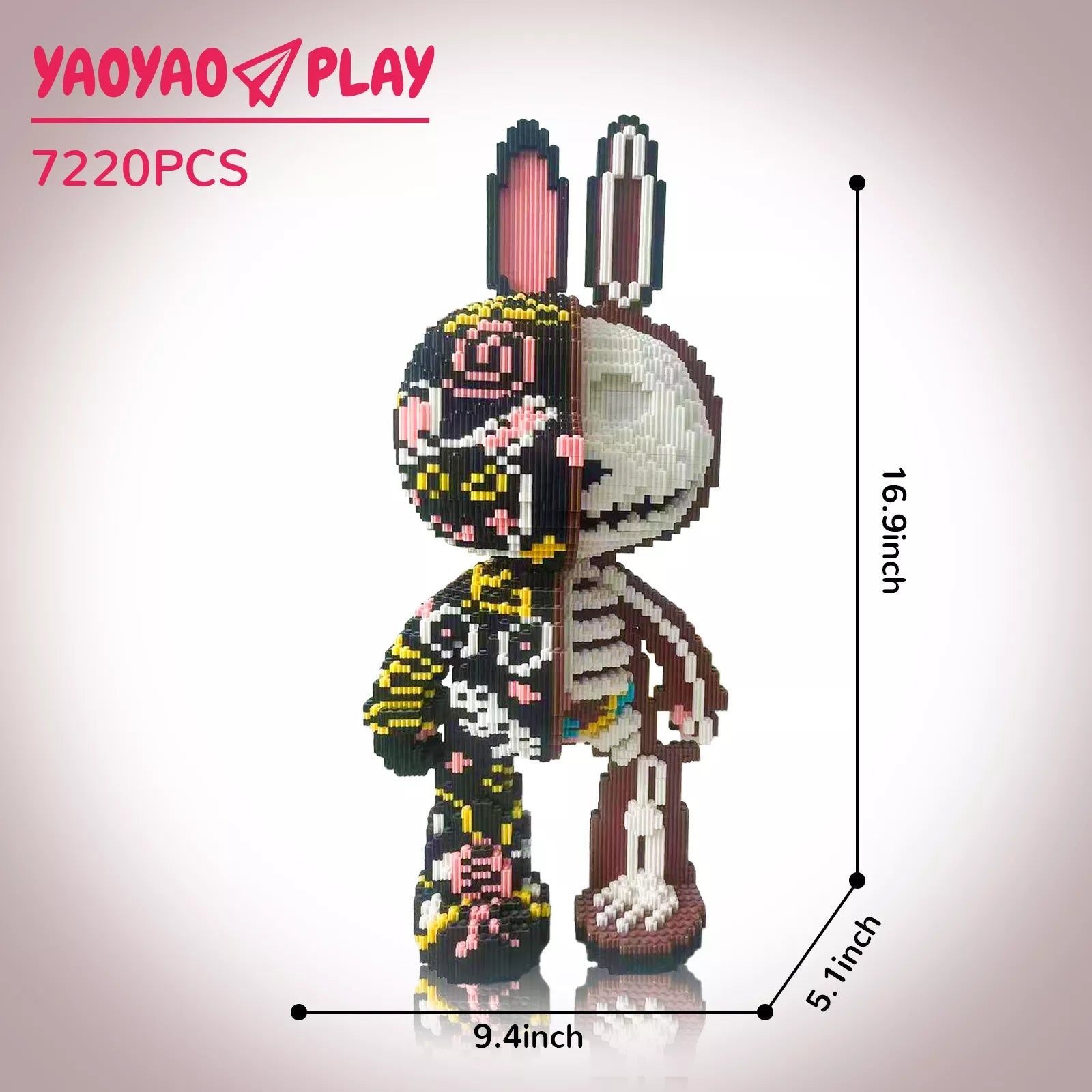 A 16.9-inch-tall ​​Brick Bear toy​​ bisected into floral/black and skeletal designs, labeled "7220PCS" on a gradient backdrop