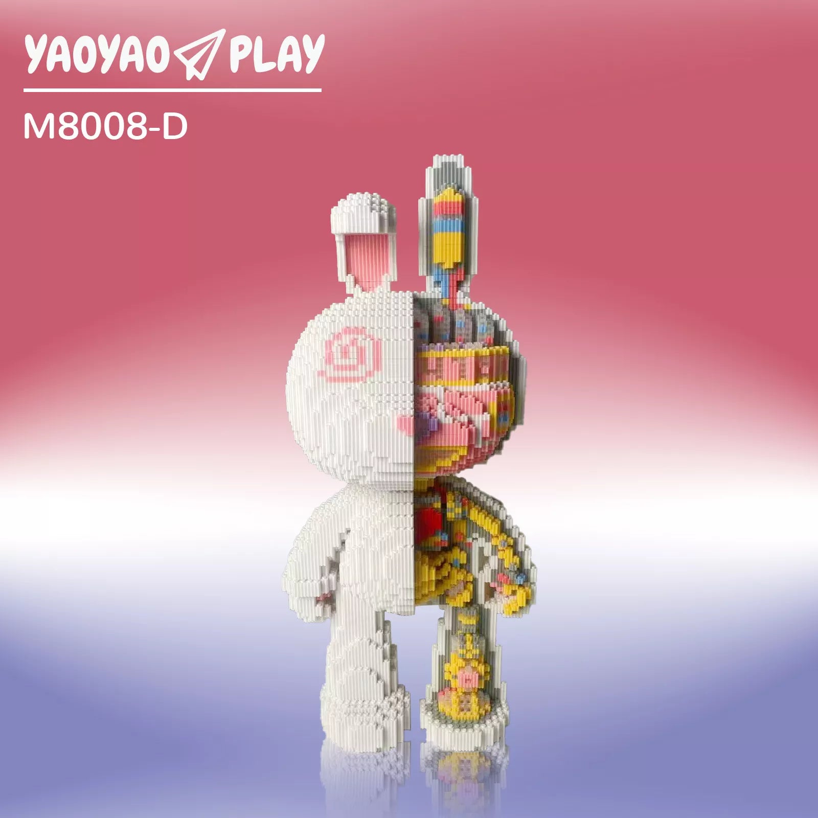 A split-design ​​Brick Bear toy​​ with minimalist white and anatomical multicolored details on a gradient backdrop.