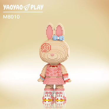 Three ​​Brick Bear toys​​ (32−159) with kiss, heart, and skeleton motifs, paired with an 8,800-piece rabbit ​​toy​​ on a pastel backdrop