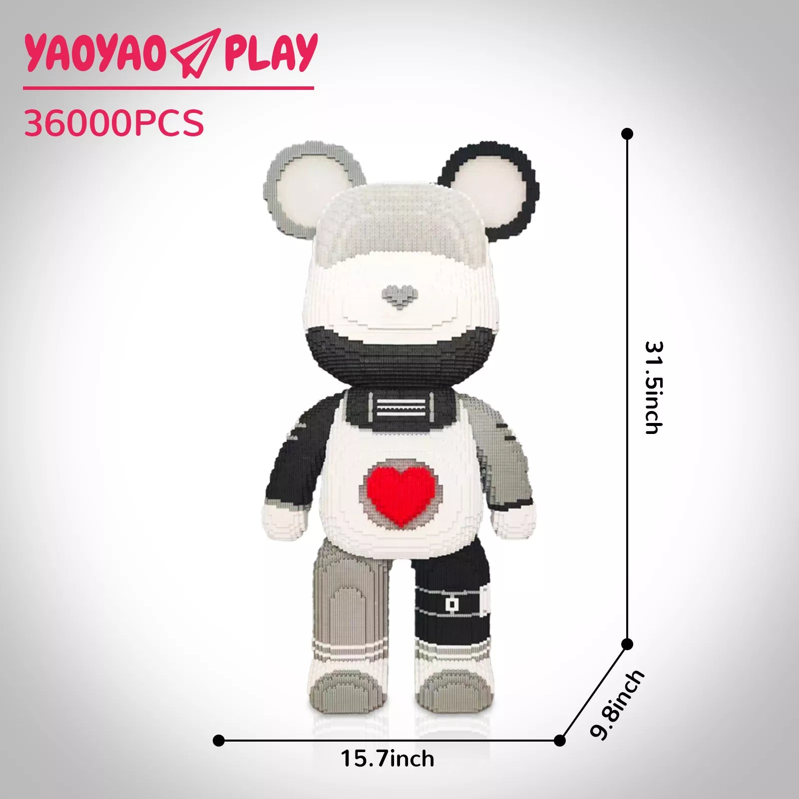 A 31.5-inch ​​Brick Bear toy​​ with red heart torso and segmented limbs, labeled "YAOYAO PLAY 36000PCS." ​​Caption:​​ Engineering meets artistry: Assemble a ​​Brick Bear​​ from 36,000 modular ​​building blocks​​.