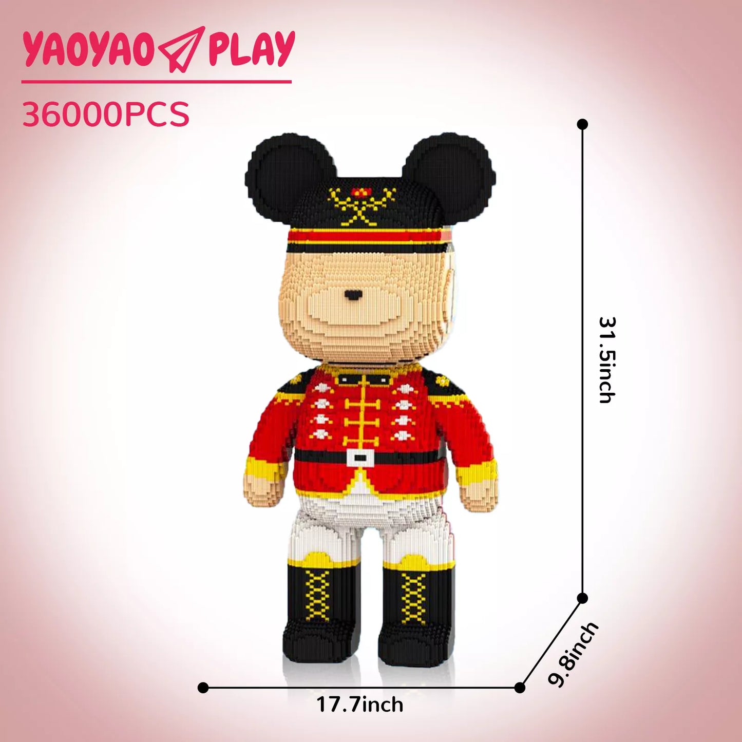 A 31.5-inch-tall ​​Brick Bear toy​​ in red military uniform with gold accents, labeled "36000PCS" on a neutral gradient backdrop.