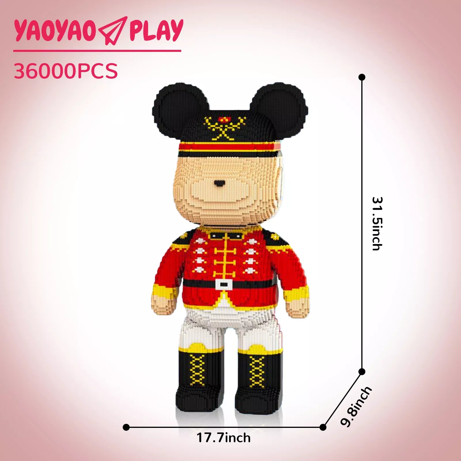 A 31.5-inch-tall ​​Brick Bear toy​​ in red military uniform with gold accents, labeled "36000PCS" on a neutral gradient backdrop.