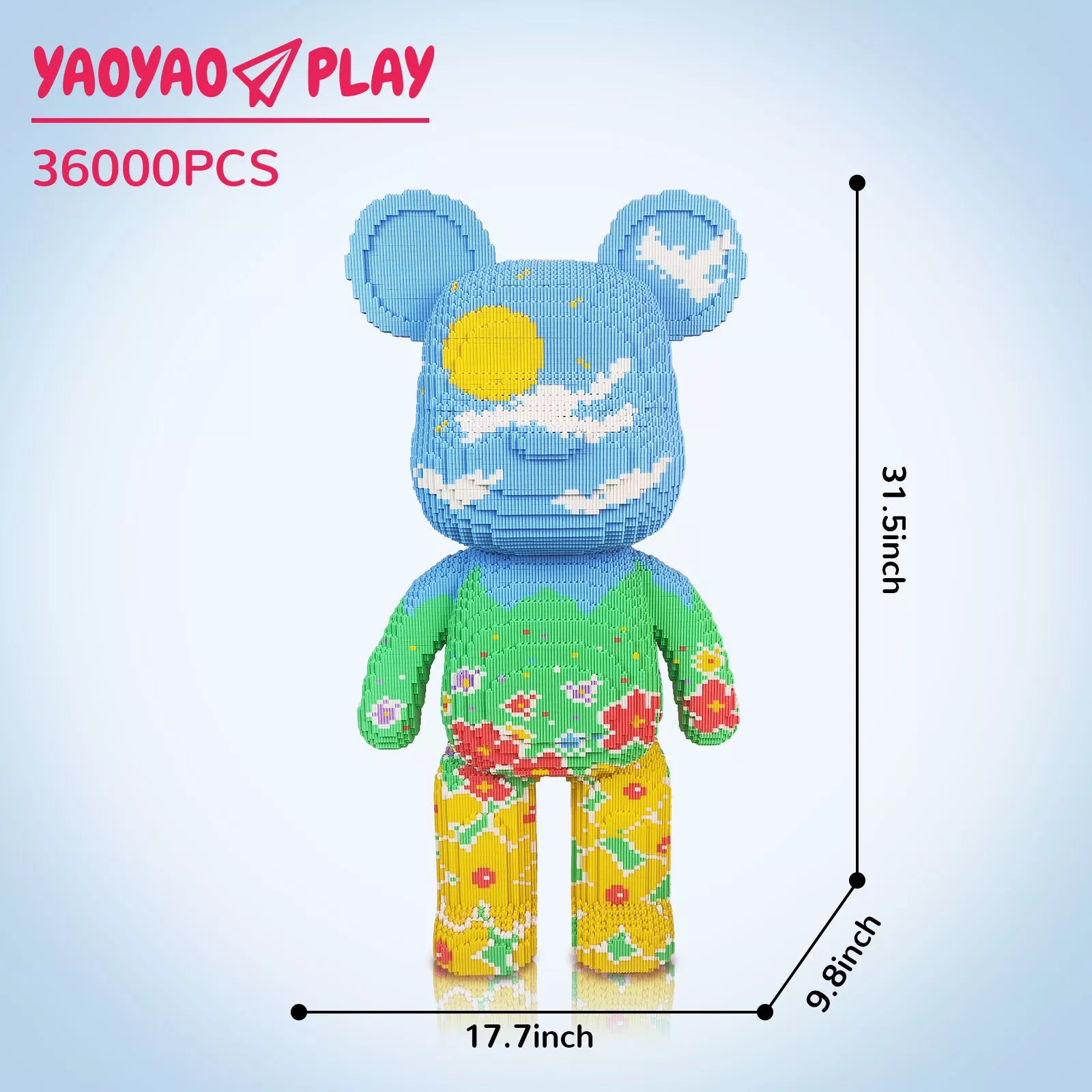 A monumental 31.5-inch-tall Brick Bear building blocks toy, composed of 36,000 interlocking pieces, featuring a blue face with yellow sun motifs and a floral-patterned body in vibrant red, green, and yellow. ​​Caption:​​ Conquer the ultimate assembly challenge with this colossal Brick Bear toy—a 36,000-piece masterpiece blending intricate floral designs and bold building blocks artistry.