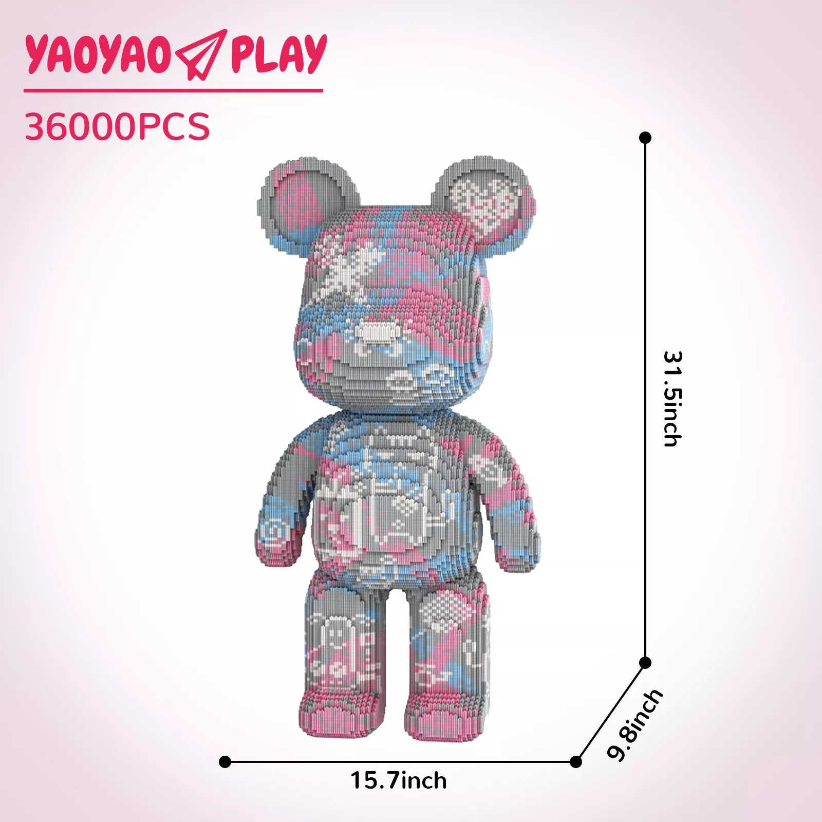 A 31.5-inch-tall ​​Brick Bear toy​​ with gray, pink, and blue mosaic patterns, labeled "36000PCS" on a gradient pink backdrop.